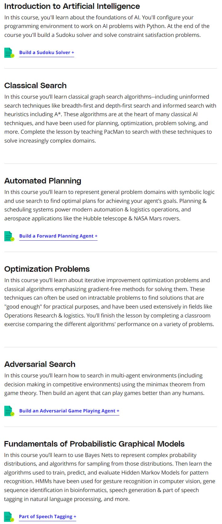 Course topics · Udacity — Expand Your Knowledge of Artificial Intelligence (Nanodegree Program 898) v2.0.0 2018-11