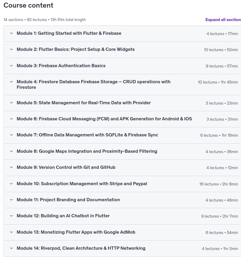 Course topics · Udemy — Flutter Mobile App: Build Chatbot with Firebase & Gemini AI 2026-8
