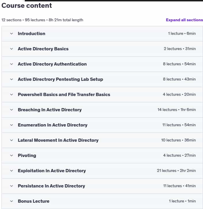 Course topics · Udemy — Attacking And Defending Active Directory: AD Pentesting 2025-3