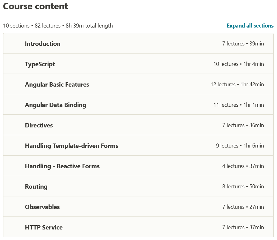 Course topics · Angular from Beginner to Advanced, Typescript and HTTP 2021-1