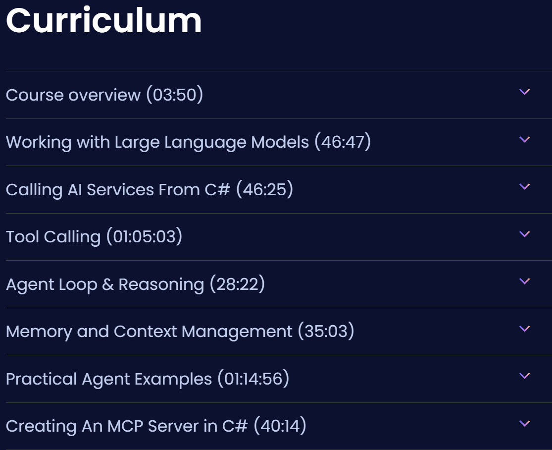 Course topics · Dometrain – Getting Started: AI Agents in C# 2025-8