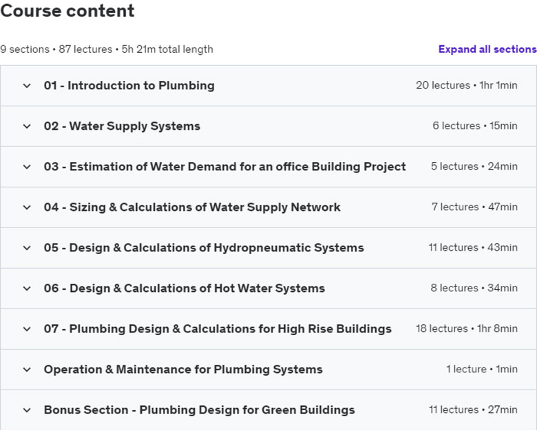 Course topics · Udemy — Step by Step Design & Calculation of Plumbing system-Part1/2 2022-11