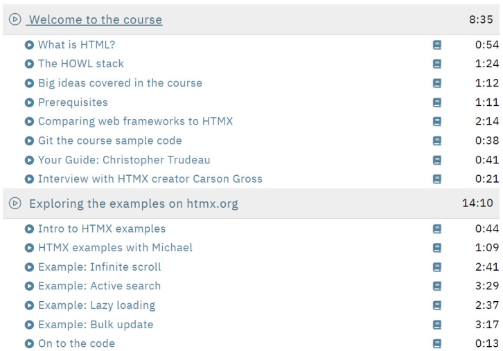 Course topics · Talk Python Training — HTMX + Django: Modern Python Web Apps, Hold the JavaScript Course 2023-9