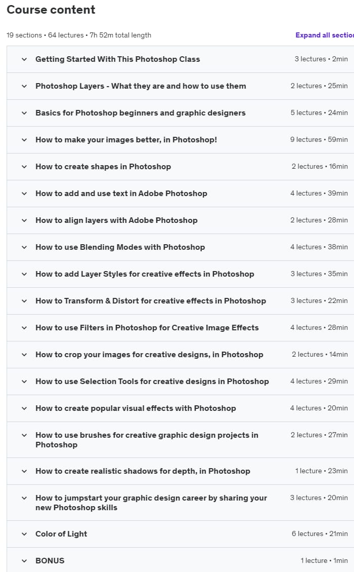 Course topics · 47 Graphic Design Projects for Photoshop Beginners 2023-4