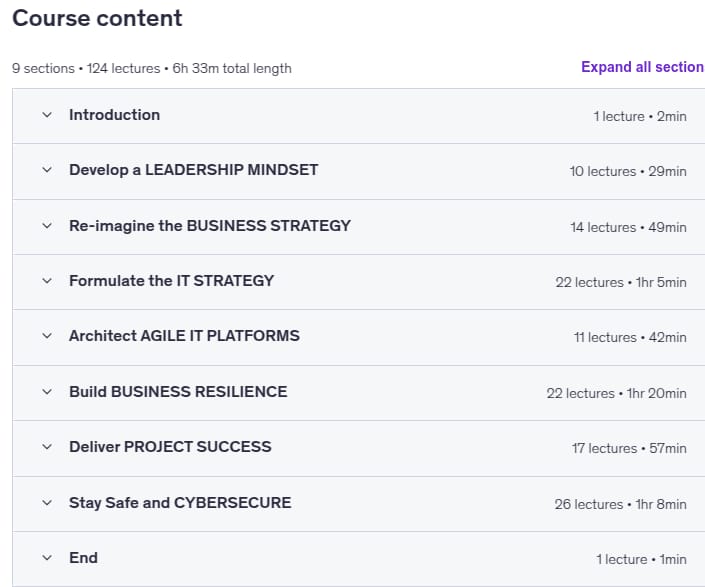 Course topics · Udemy — High-Impact IT Leader – Succeed as CIO/CTO/IT Director 2024! 2024-9