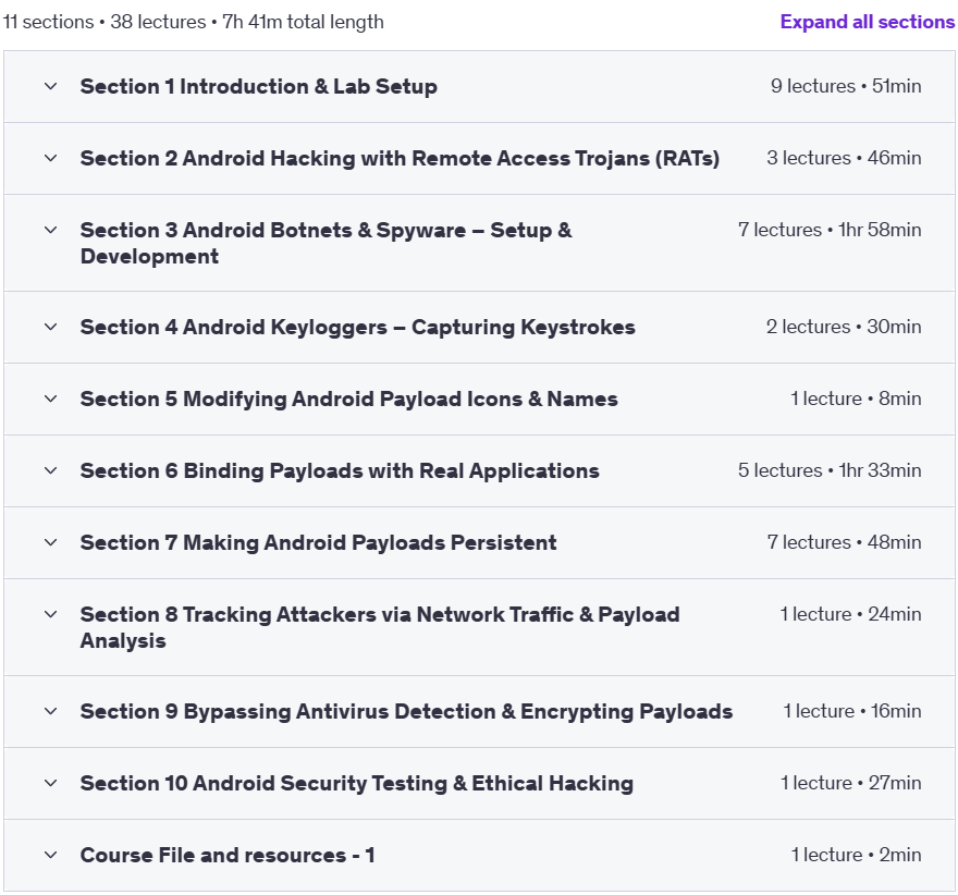 Course topics · Android Hacking & Security: Ethical Hacking for Beginners 2025-2