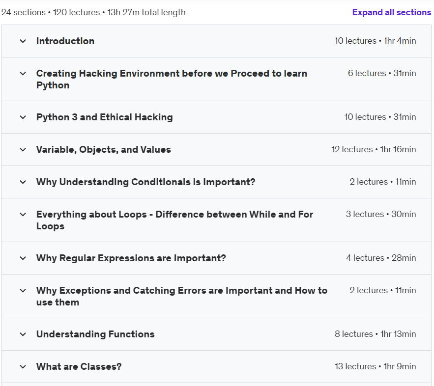 Course topics · Udemy — A Complete Guide to Learn Ethical Hacking with Python 2024-4