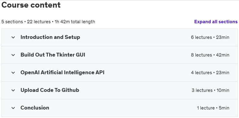 Course topics · Udemy — A.I. Video To Text Transcriber App with Python and Tkinter 2023-5