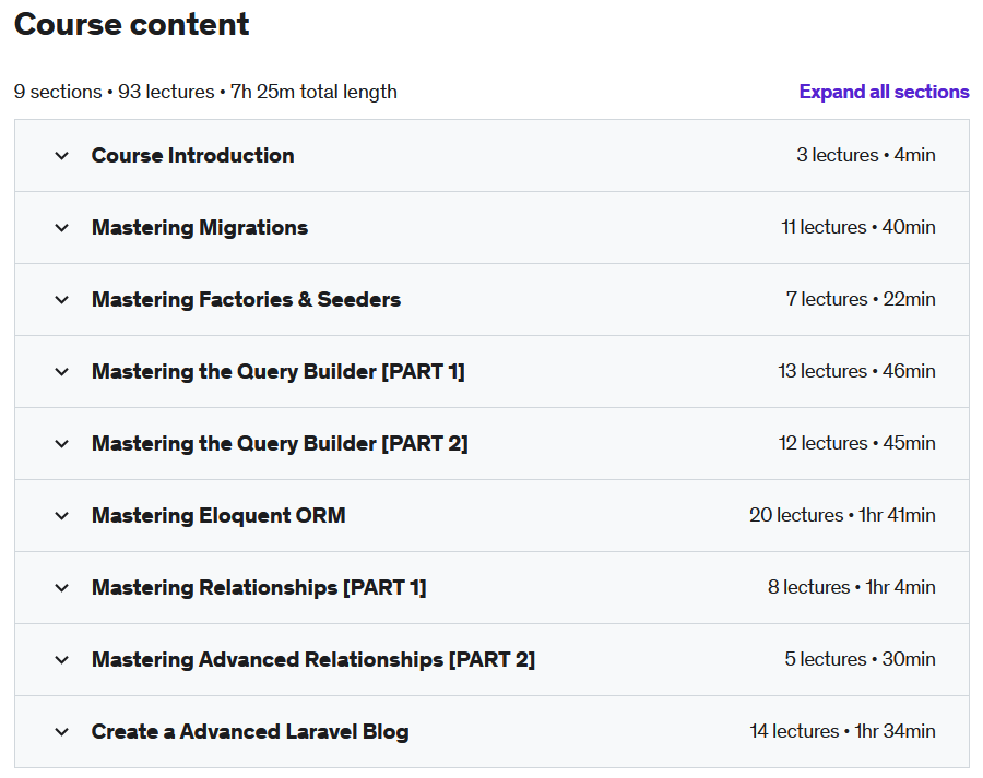 Course topics · Udemy — Mastering Laravel 10 Query Builder Eloquent & Relationships 2023-4