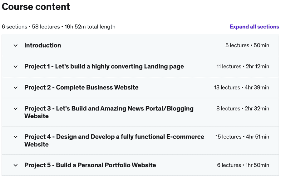 Course topics · Udemy — Master WordPress by building 5 Real-World WordPress Projects 2022-7
