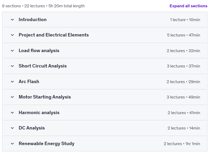 Course topics · Udemy — ETAP – Power Systems full course & Renewable Energy 2023-2
