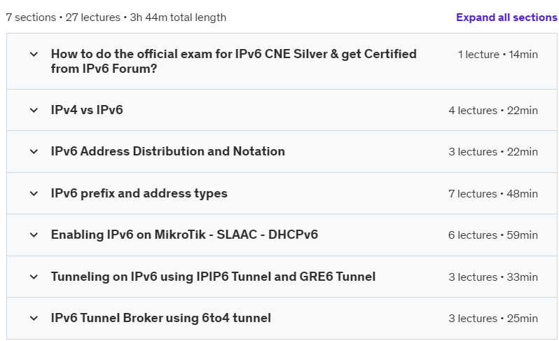 Course topics · Udemy — IPv6 Forum Accredited: Certified Network Engineer (Silver) 2024-7