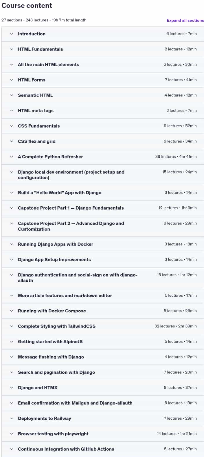 Course topics · Udemy — Full Stack Web Development with Django 5, TailwindCSS, HTMX 2025-2