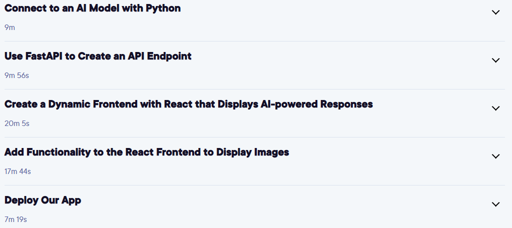 Course topics · Pluralsight — Full-stack AI Applications with Python and React 2025-4