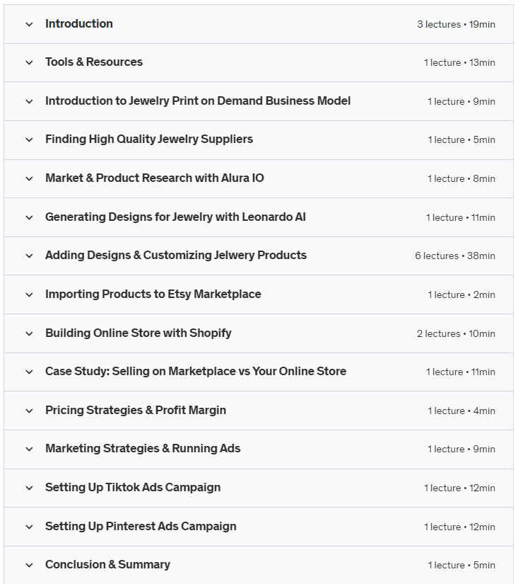 Course topics · Sell Print on Demand Jewelry & Design Custom Product with AI 2023-9
