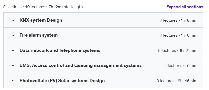 Course topics · Udemy — KNX, light current systems and PV solar systems Design 2024-5