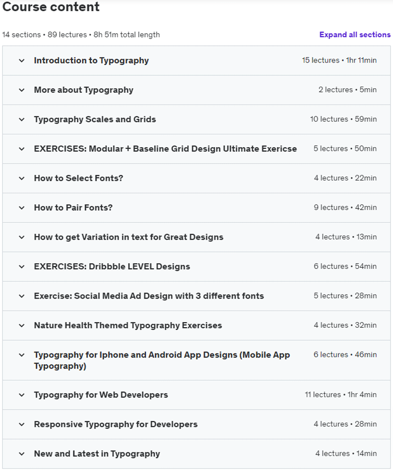 Course topics · Udemy — Typography for Designers & Developers – Don’t suck at design 2019-7