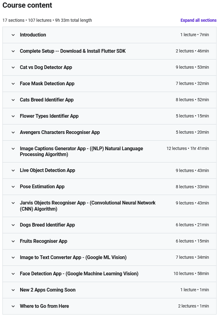 Course topics · Udemy — Flutter Artificial Intelligence Course – Build 15+ AI Apps 2021-2
