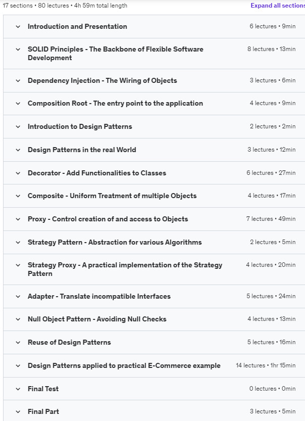 Course topics · Udemy — Design Patterns and their Usage with Dependency Injection 2023-11