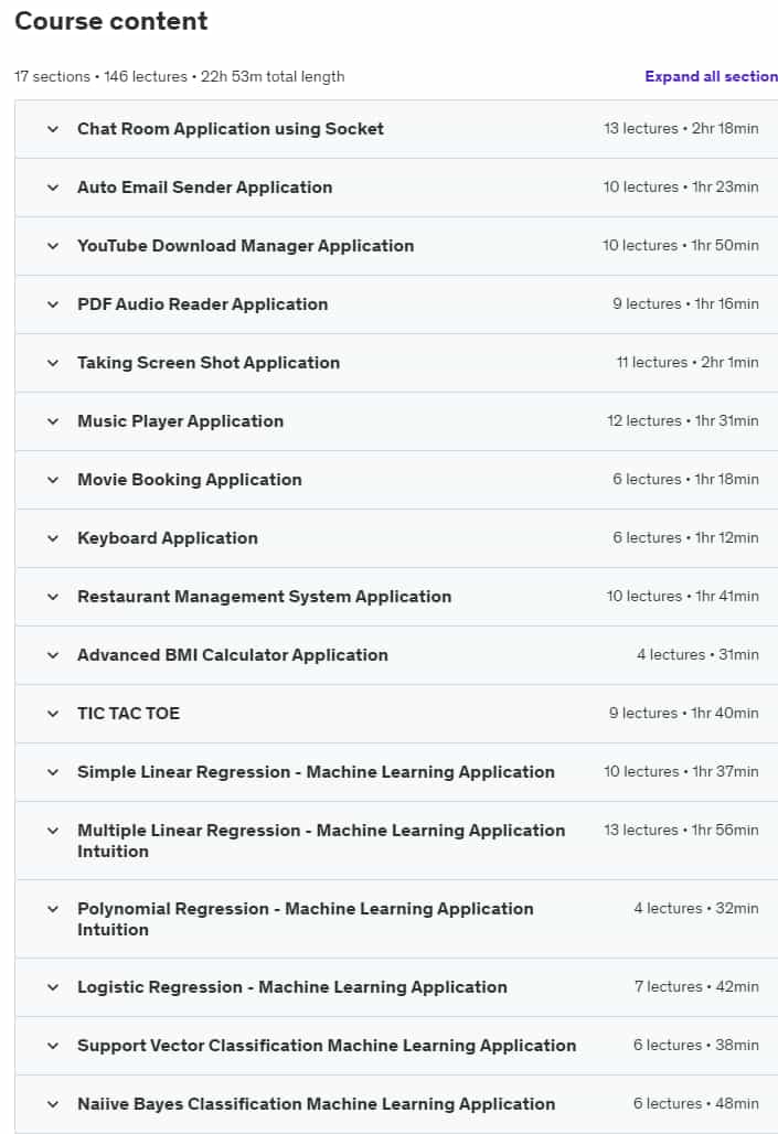 Course topics · Udemy — Make 20 Advanced Level Applications in Python 2024-5