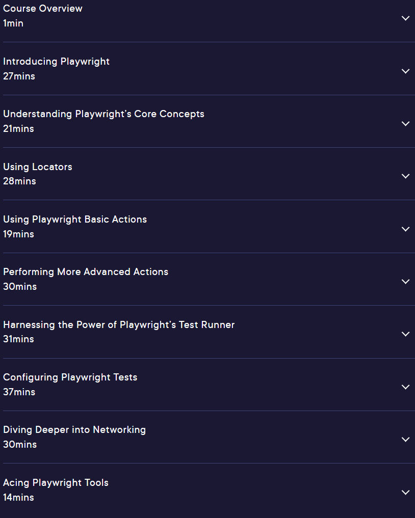 Course topics · Pluralsight — Playwright Foundations with Node.js 2024-8