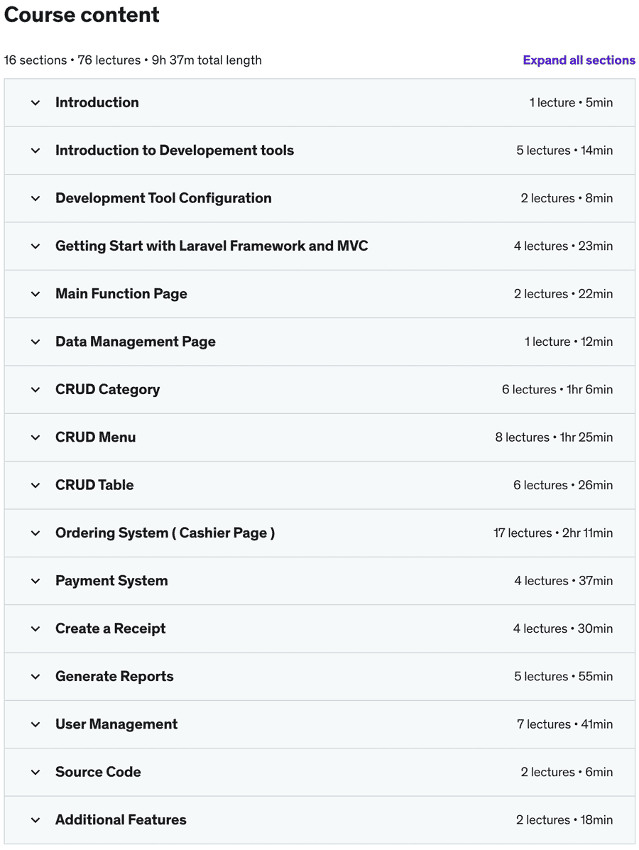 Course topics · Udemy — PHP with Laravel – Create a Restaurant Management System 2020-9
