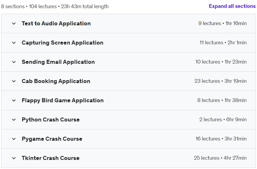 Course topics · Udemy — Learn to Create 5 Pro Advanced Level Applications in Python 2023-12