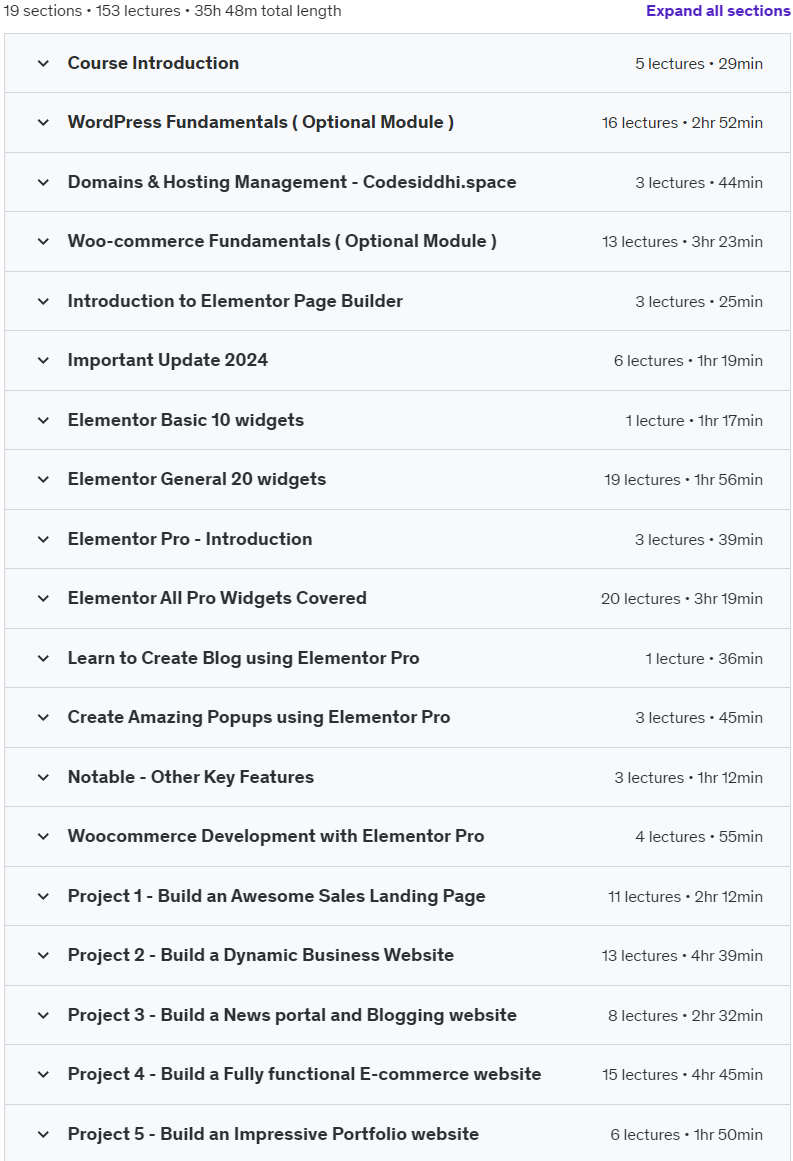 Course topics · Professional WordPress Web Development with Elementor 2022-4