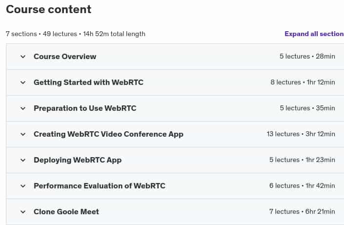 Course topics · Udemy — WebRTC Made Easy: Create-Deploy-Evaluate Video Conference 2023-9