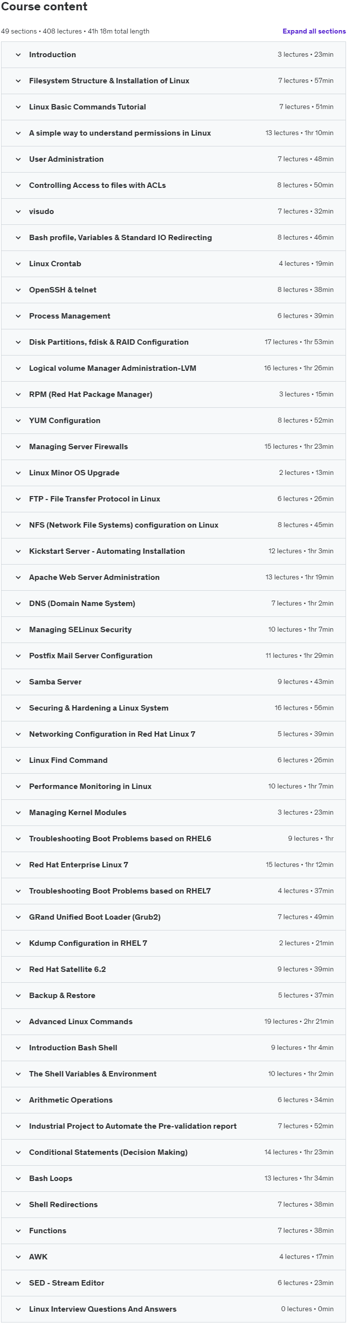 Course topics · Udemy — Complete Linux Training with Troubleshooting Skills 2023-7