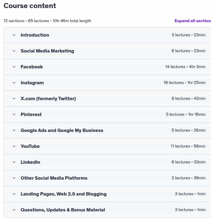 Course topics · Social Media Marketing MASTERY 2025 | Ads on 10+ Platforms 2025-6