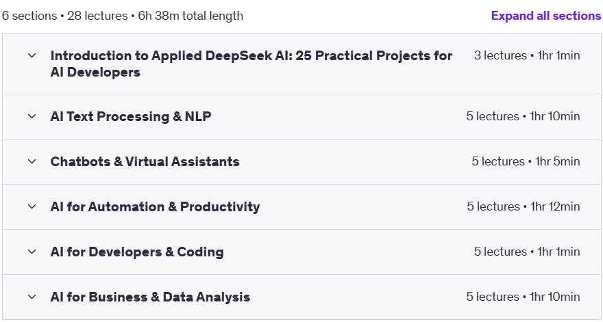 Course topics · Udemy — DeepSeek R1 AI: 25 Real World Projects in AI for Beginners 2025-2