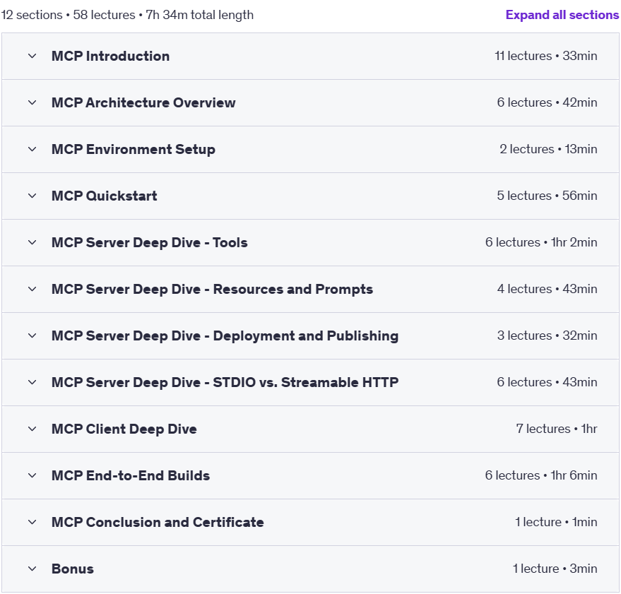 Course topics · Udemy — MCP Masterclass: Complete Guide to MCP in Python [2025] 2025-6