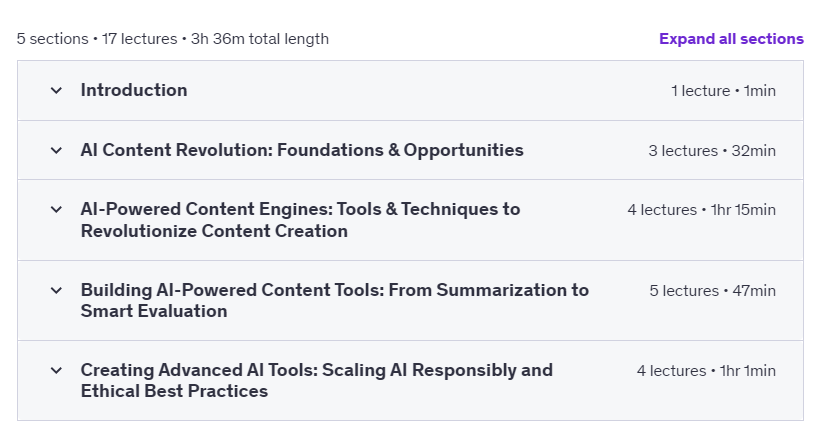 Course topics · Udemy — AI-Powered Content Creation: From Concept to Automation 2024-12