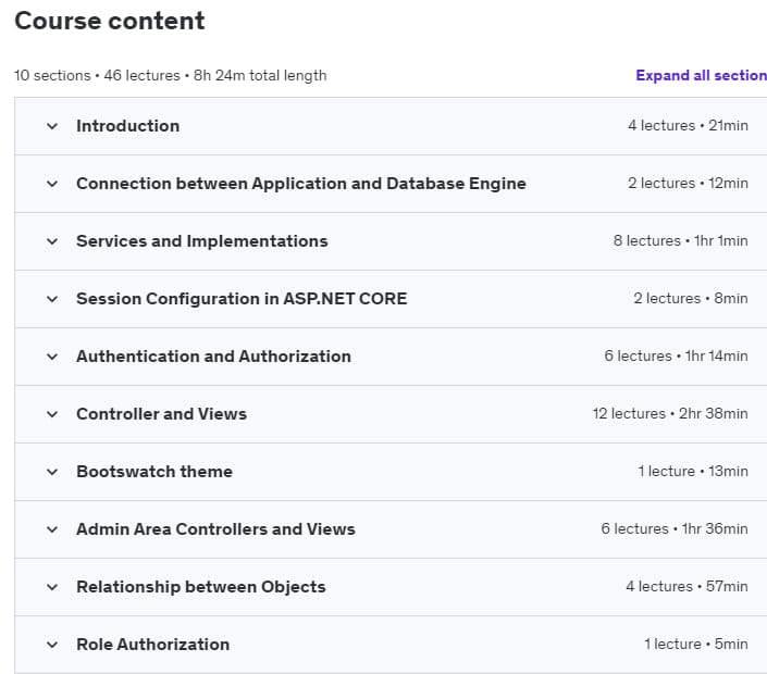 Course topics · Udemy — ASP.NET CORE WITH ADO .NET Full Project based Course 2023-10