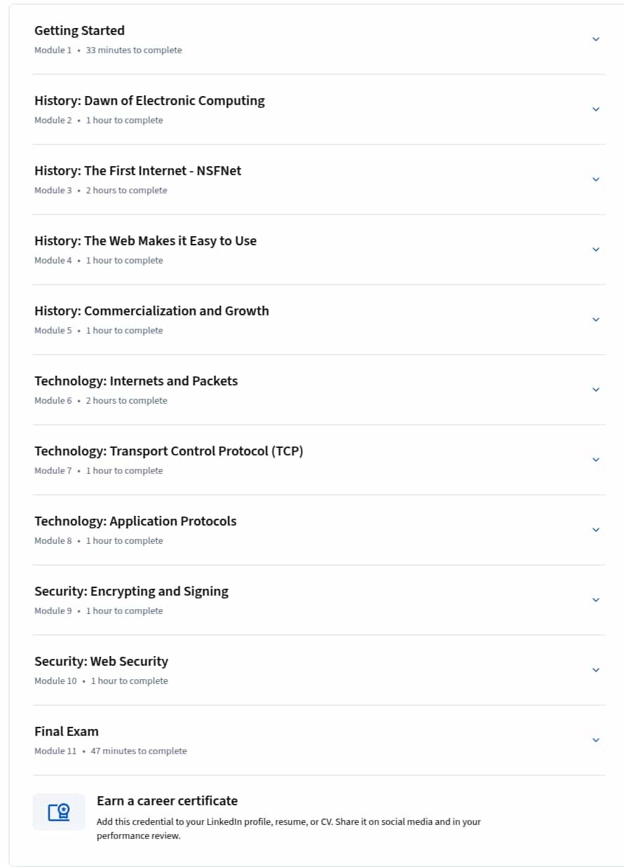 Course topics · Coursera — Internet History, Technology, and Security 2025-8