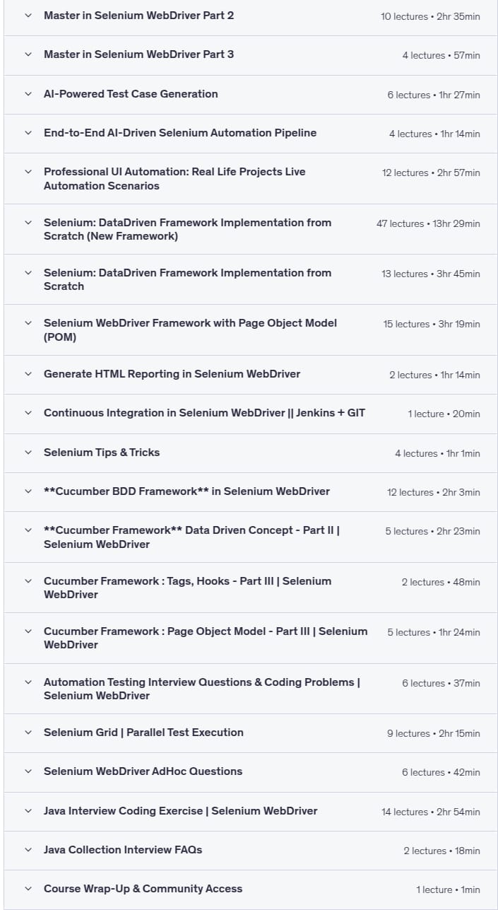Course topics · Udemy — Selenium Automation Testing with Java + AI (2026 Edition) 2025-11