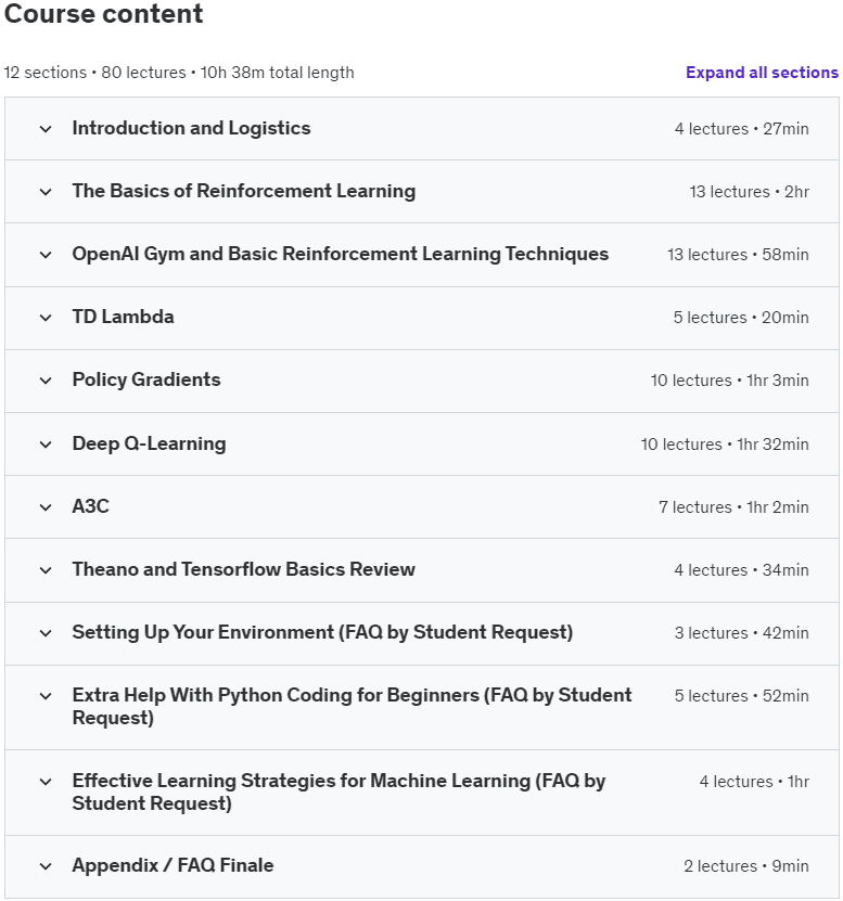 Course topics · Udemy — Advanced AI: Deep Reinforcement Learning in Python 2024-11