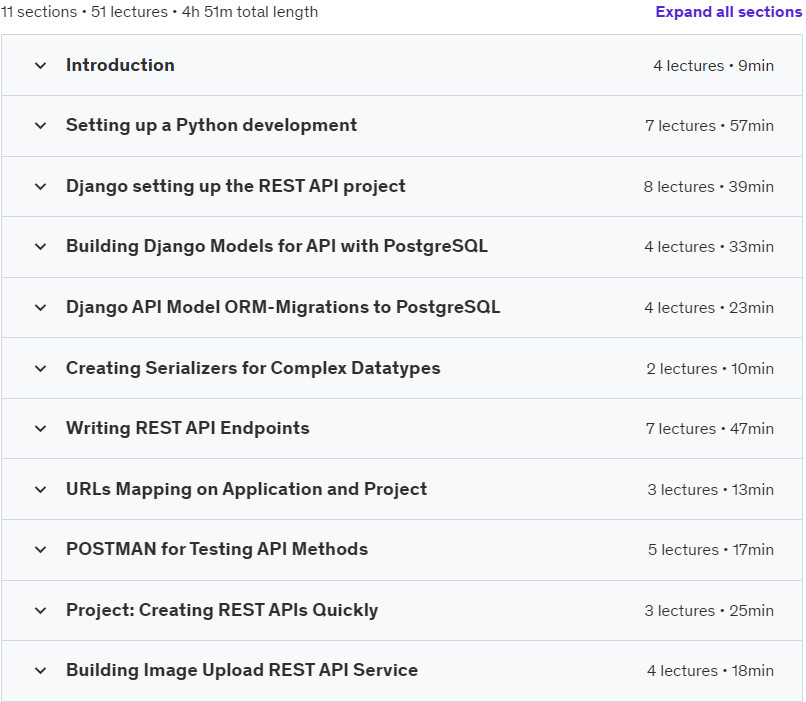 Course topics · Build REST APIs with Python, Django REST Framework: Web API 2023-7