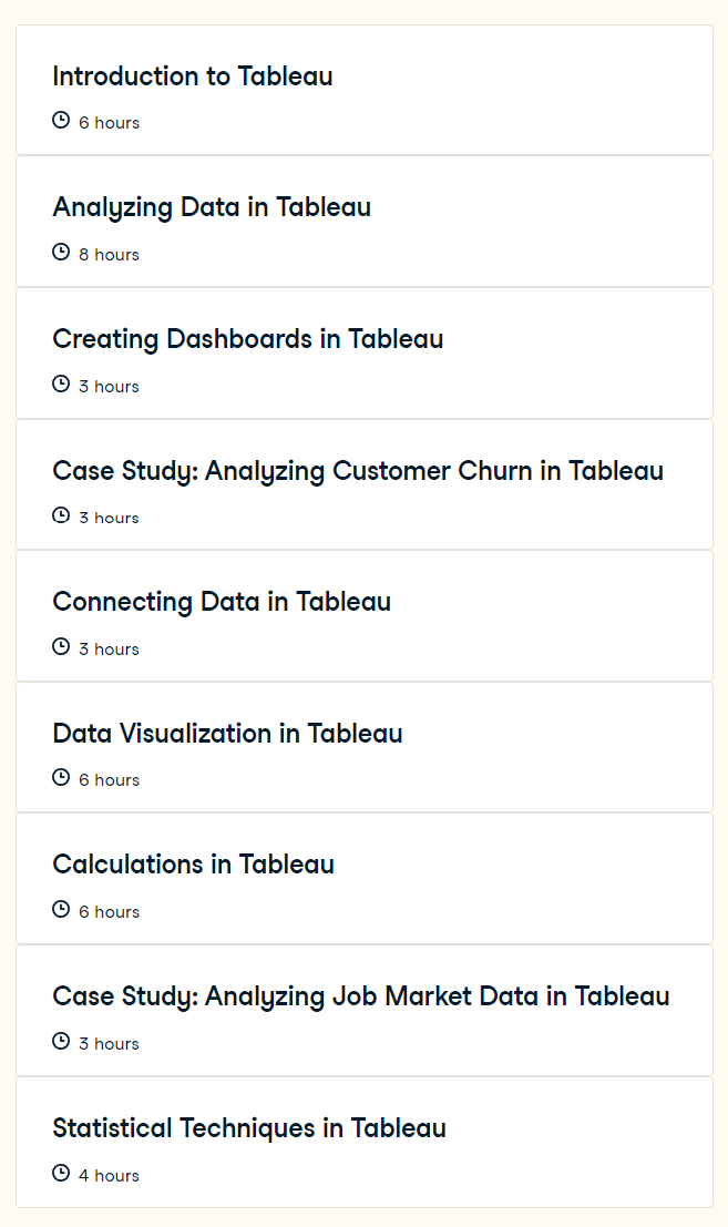Course topics · Datacamp — Data Analyst in Tableau 2023-11