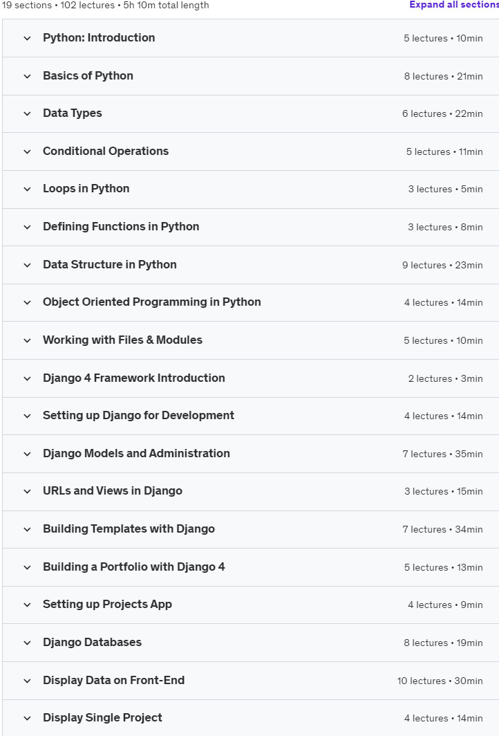Course topics · Udemy — Python & Django Framework Course: The Complete Guide 2022-6