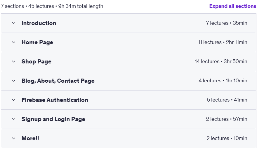 Course topics · Complete E-commerce Website using React JS 2024-9