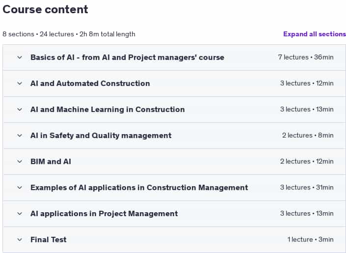 Course topics · Udemy — Building Smarter: The Role of AI in Construction Projects 2025-4