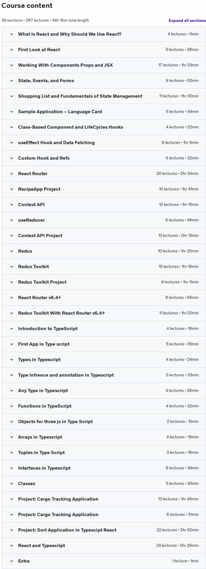Course topics · Typescript & React JS Course with React & Typescript Project 2025-1/2025-4