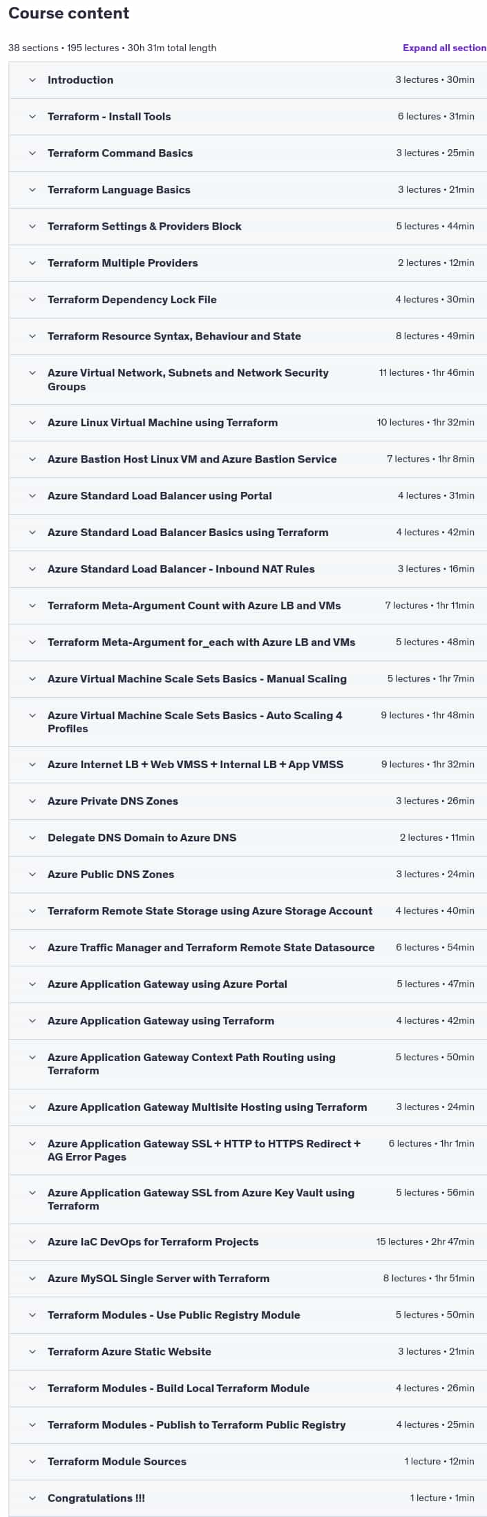 Course topics · Terraform on Azure with IaC DevOps SRE | Real-World 25 Demos 2025-5