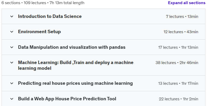 Course topics · Udemy — Learn Data Science Skills: Python, Pandas, Machine Learning 2024-6