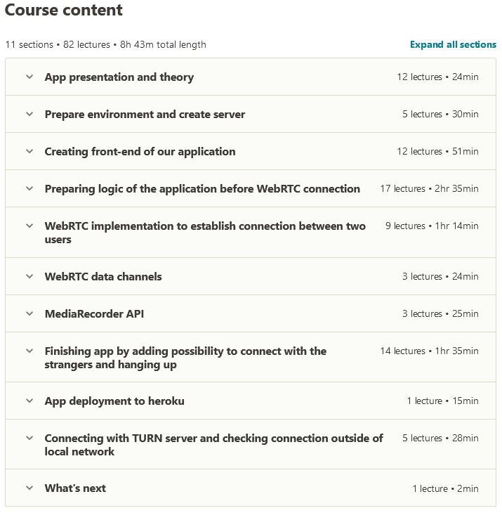 Course topics · Udemy — WebRTC 2021 Practical Course. Create Video Chat Application 2021-6