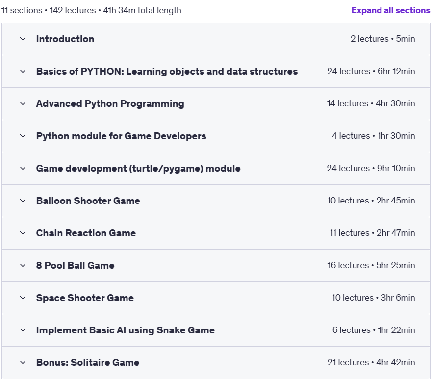 Course topics · Udemy — The Ultimate Guide to Game Development with Python3 (AI too) 2020-11