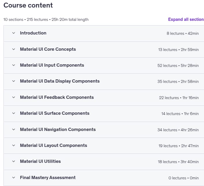 Course topics · Mastering MUI (Material UI): Component Customization [2024] 2024-2