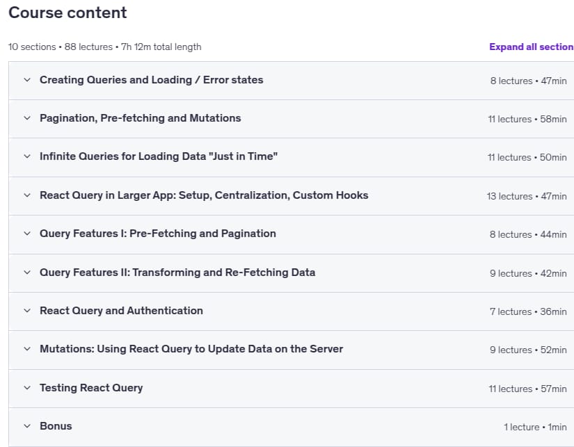 Course topics · React Query / TanStack Query: React Server State Management 2025-12